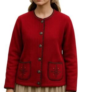 Vintage Geiger Wool Cardigan Jacket Red Embroidered Sz 10 Cabincore Cottagecore